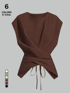 Women's Slimming Versatile Short Sleeved T-Shirt, Cross Tie Hem Design, Perfect Fit Top for Everyday Wear, Stylish & Comfortable