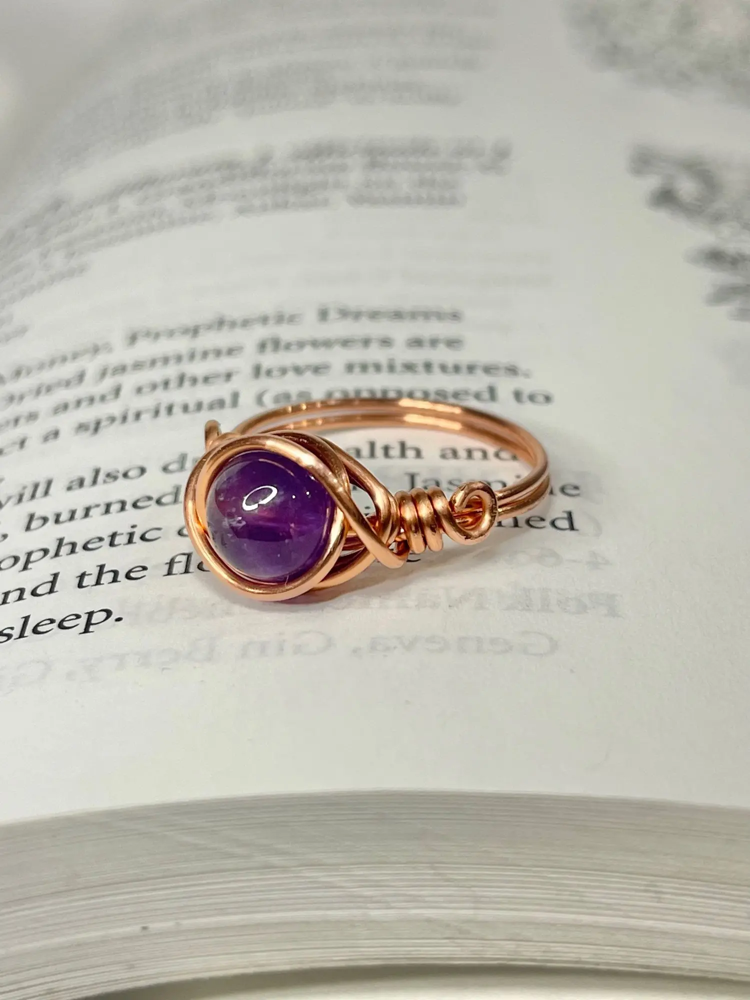 Genuine Amethyst Copper Wire Ring - Handmade Craft Simple Unisex Natural Crystal Jewelry for Meditation, Purification, Protection, Intuition