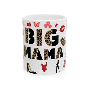 Big Mama Glam mug | Leopard Lettering Coffee Cup with Red Fashion Icons