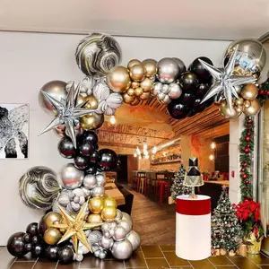 Black Gold Silver Balloon Garland Arch Kit, Metallic Gold Marble Foil Balloons for NYE New Year, Graduation, Retirement & Eve Party Decorations