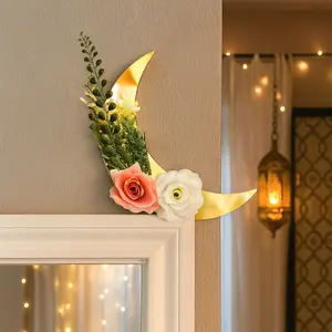 1Pc Gold Crescent Moon Wall Decor with Artificial Floral Arrangement, Acrylic Door Topper Decoration, Islamic Ramadan Eid Holiday Decor, Boho Home Decor Accent, Moon Wall Art, Living Room Bedroom Door Wall Decor, Wedding Party Decor