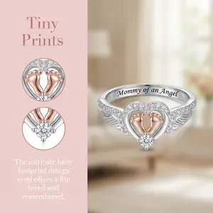 Angel Mom Retro Inspired Heart and Footprint Ring - Silver Plated with Cubic Zirconia, Perfect Mother's Day Gift, Comes with Elegant Box Vintage Rings Promise Rings