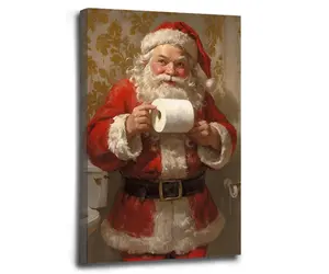 Santa Claus Holding Toilet Paper in Toilet Poster Christmas Canvas Mural Special Bathroom Wall Decoration for Apartment Living Room Bathroom Picture Wall Art