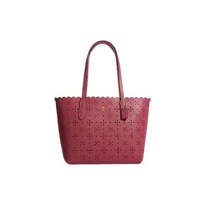 COACH City 23 Perforated Print Tote Bag for Women – Textured and Smooth Leather, Raspberry Red