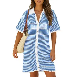 Imily Bela Women's Striped Polyester Beachwear Coverup - Crochet Hollow-Out, Short-Sleeve, Button-Down Summer Beach Vacation Mini Dress