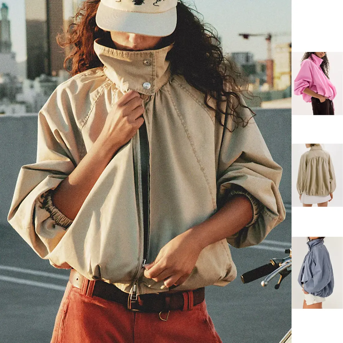 Ommig Women's Chelsea Funnel-Neck Long Sleeve Jacket - Loose, Puff Elastic Cuff, Zip-Up, Drawstring Hem, Lightweight Street Style Coats for Casual Streetwear Tops, Soft, Women's Clothes