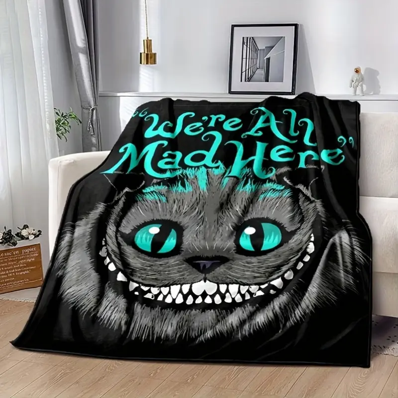 Cheshire Cat "We're All Mad Here" Print Cooling Blanket for Couch Bed, Lightweight Plush All Season Nap Blanket, Portable Travel Camping Car Office Throw Blanket, Durable Wrinkle Resistant Printed Blanket, Ideal Alice in Wonderland & Fantasy Fan Gift