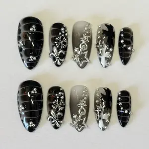 Chrome Star Nails – Gothic Black Chrome Press-On Set with Stars & Rhinestones, 3D Charms and Star, Trendy Hot Girl | Dark Punk Cross Nail