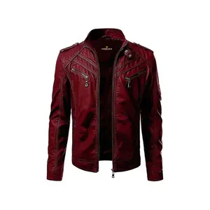 Men's Original Leather Motorcycle Jacket - 100% Real Leather with Zipper Closure & Band Collar