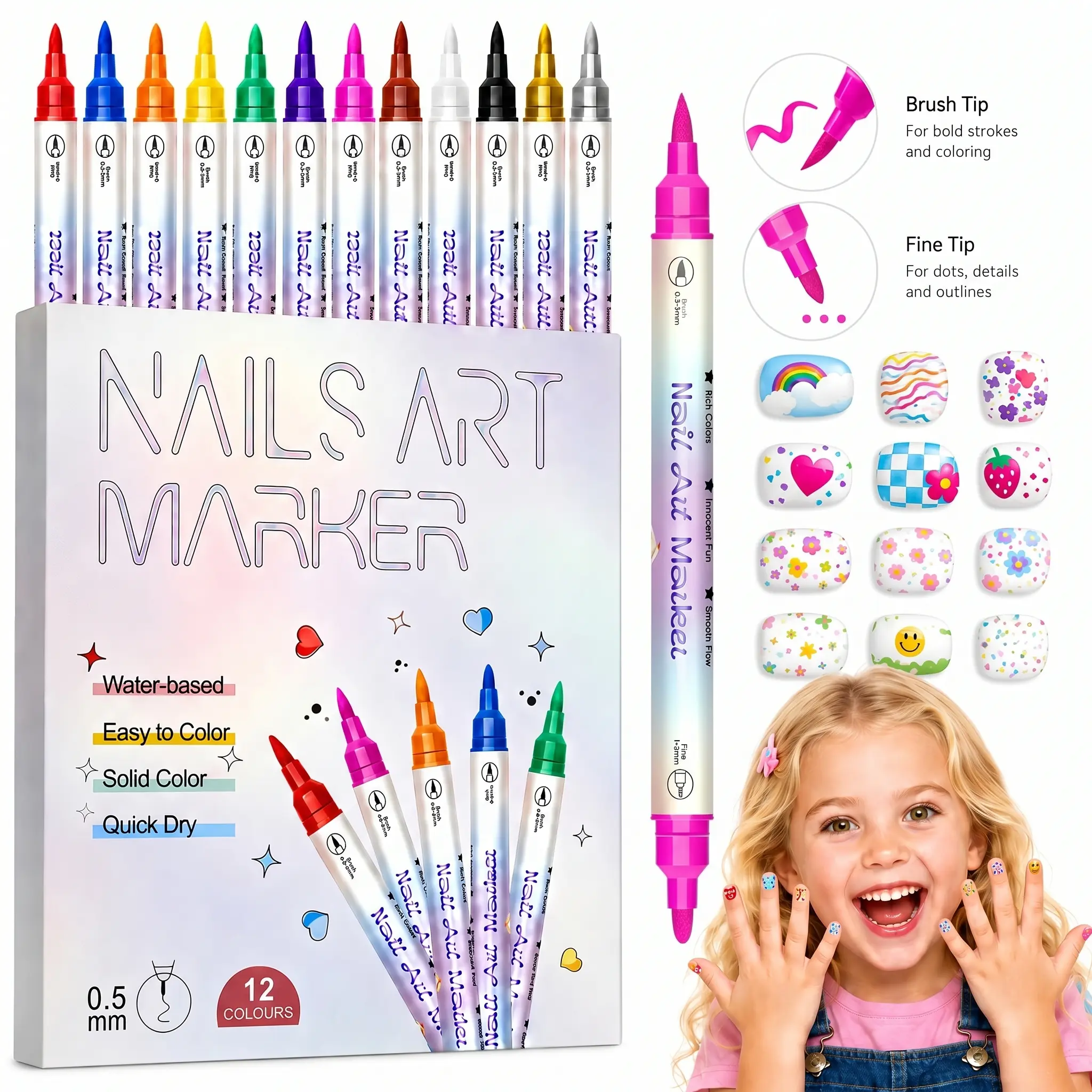 12-Color Dual-Tip Nail Art Pens, Quick-Dry Nail Polish Markers for DIY Manicure, Compact Feminine Gift Set for Girls, Youth & Teens