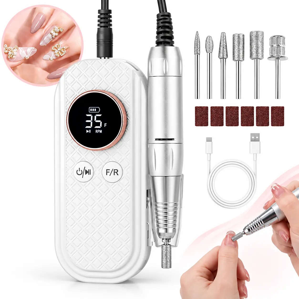 45000 RPM Professional Rechargeable Electric Nail Drill  Rechargeable Diamond E-File Portable Nail File with Storage Stand Portable & Low Noise for Acrylic Gel Polishing Removing - Easy to Use for Women, Manicure at Home DIY or Salon, Pink/White