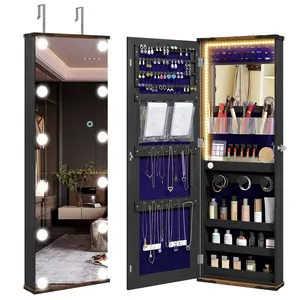Lvifur Jewelry Cabinet with LED Light Bulbs, Lockable Over the Door Jewelry Organizer with Mirror, Hanging Jewelry Armoire with Full Length Mirror for Girls/Women