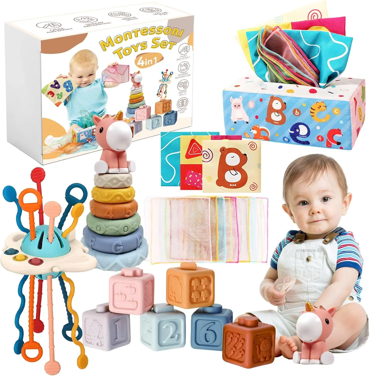 4-in-1 Montessori Activity Toy Set for Toddler Learning, Sensory Playset for Babies 6-18 Months with Soft Blocks & Stacking Rings, Unisex Christmas Gift for Indoor Play, Toddler Learning Activities, Bpa Free, 6‑8 Months