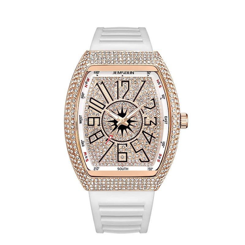 Men's Iced Out Tonneau Watch, Luxury Rhinestone Encrusted Quartz Wristwatch with Silicone Band, Hip Hop Fashion Casual Timepiece for Men