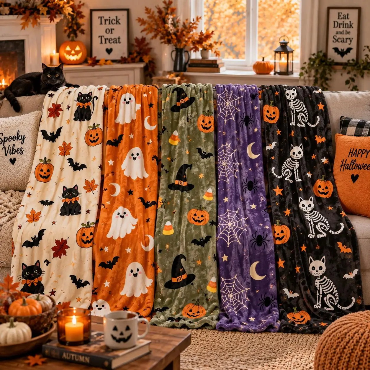 Halloween Assorted Throw Blanket, Cute Ghost Black Cat Pumpkin Flannel Blanket, Multiple Designs Spooky Season Decor Blanket, Lightweight Fall Halloween Blanket for Couch Bedroom, Halloween Gift