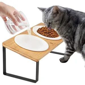 Ceramic Elevated  Bowls Raised Puppy Dishes for  and Water Tilted Wooden Stand for Indoor Cats 5.5 inch Wide Double Dish  Reduces Vomiting ( Color)