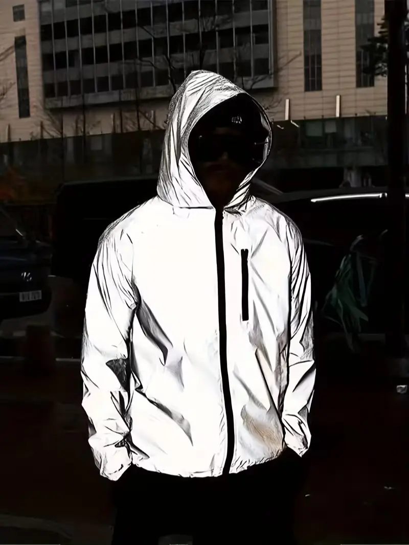 Men's Fitted Reflective Hooded Long-Sleeve Windproof Lightweight Pocket Jacket - Outdoor Cycling Athletic Outerwear with Night Visibility, New Style Gear, Pockets