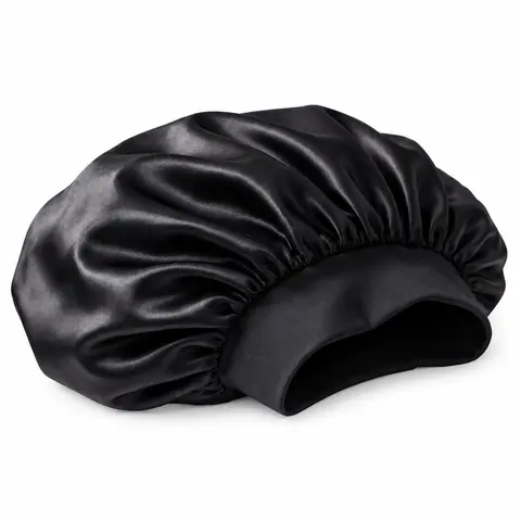YouthTempt Unisex Solid Black Silk-like Polyester Satin Night Cap - 1pcs Hair Bonnet, Adjustable Elastic Pull-On Wrap, Heatless Smooth Surface, Frizz Minimizer, Protector for Home/Travel/Camping (Fits Curly, Wavy, Straight Locks)