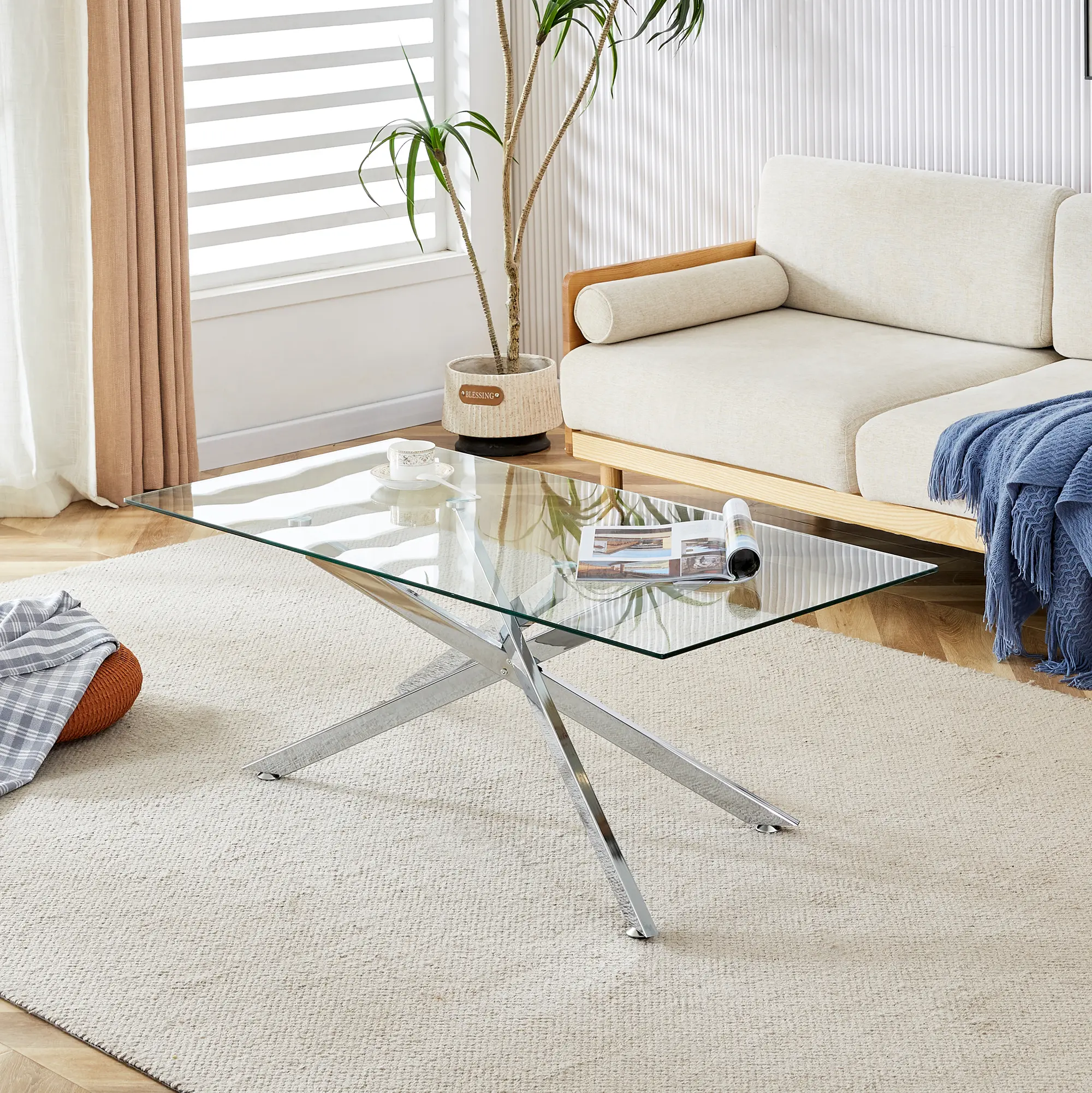 47.2" Rectangular Clear Tempered Glass Coffee Table - Stylish Living Room Table with Silver Chrome-Plated Metal Legs