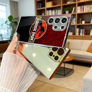 J-Jurassic Park Phone Case Luxury Electroplated Metal Frame Case for Samsung Galaxy S25 S24 S23 Ultra, Mirror Tempered Glass Back Phone Case, Slim Shockproof Anti-Scratch Protective Cover, Matte Finish with Camera Protection