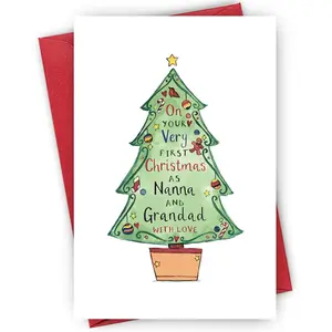 "1st Christmas as Nanna & Grandad" Card - Decorated Tree with Hearts & Candy | "WITH LOVE" Red Base, Suitable for New Grandparents, Family Milestone Gifts