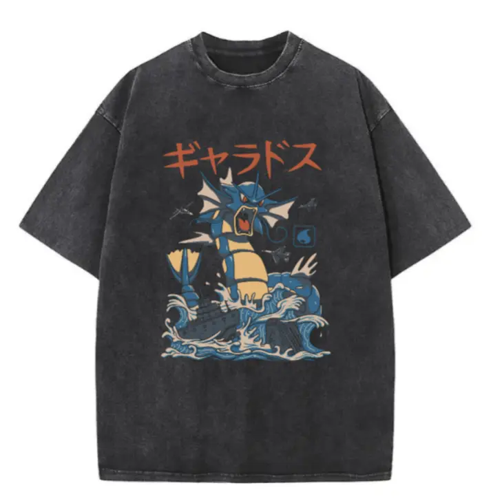 Gyarados Anime Japanese Mineral Wash T-Oversized Tee, Graphic Tee, Gifts for Him, Valentine's Day Gifts, Birthday, Christmas Gift Crewneck Menswear