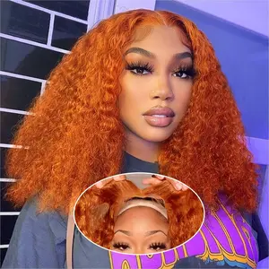 #350 Orange Ginger Deep Curly Wave BOB Wig Human Hair 13x4 HD Lace Frontal Short Curly Ginger Orange Lace Front BOB Wigs For Black Women Human Hair Pre Plucked Wear And Go Glueless 12 Inch