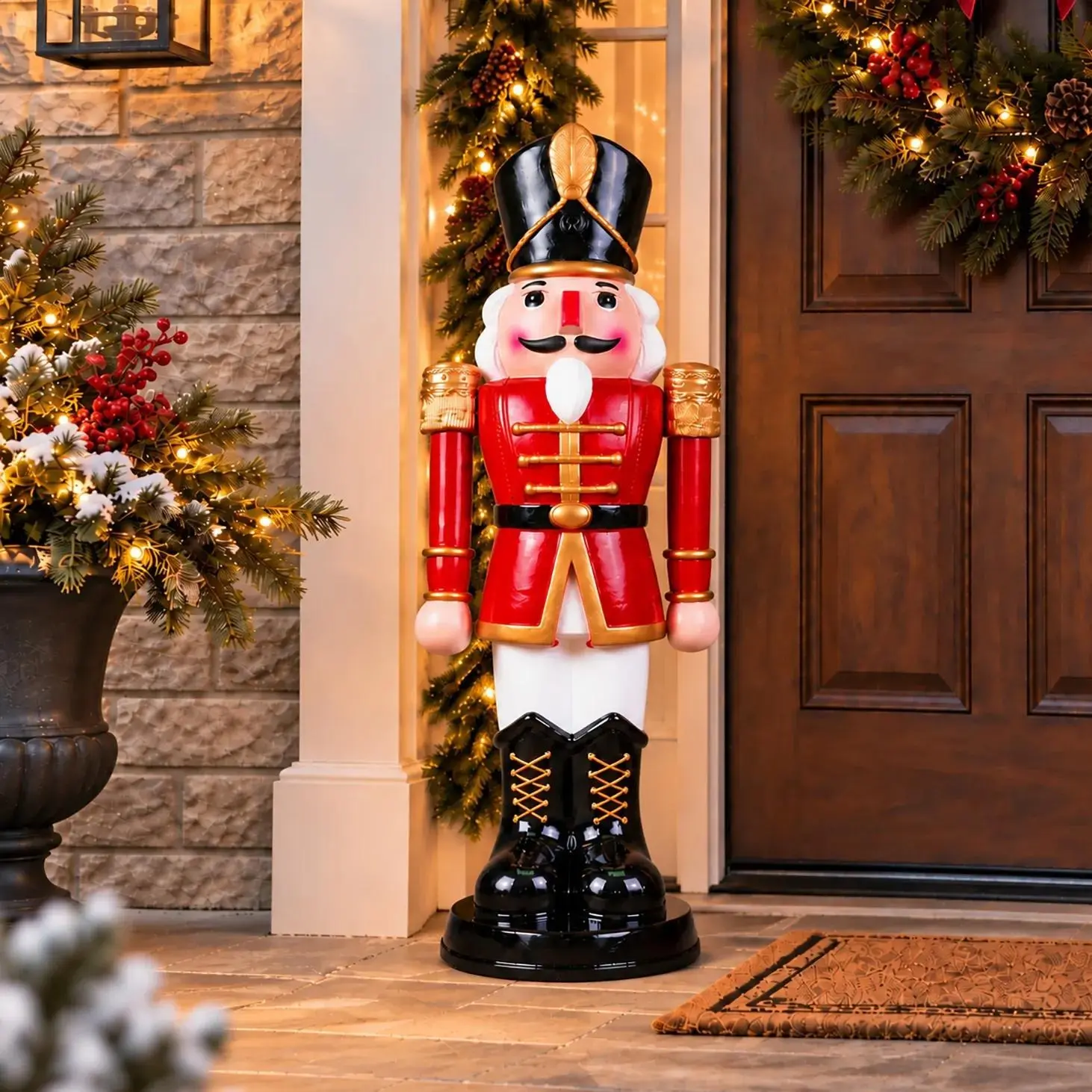 3 Ft Animated Red White Nutcracker Christmas Decoration, Moving Arms Indoor Outdoor