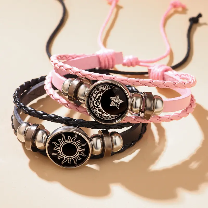 Sun Moon Lovers Time Leather Bracelet Vintage Punk Multi-layer Beaded Woven Bracelet Couple Gift hello kitty things useful college graduation