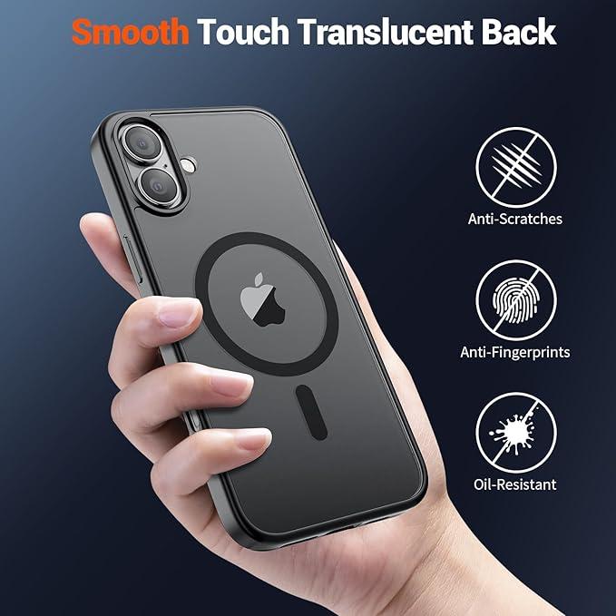 Magnetic for iPhone 16 Case (Compatible with MagSafe) (Military Grade Drop Protection) Translucent Matte Shockproof with Anti-Fingerprint Phone Cover,Black
