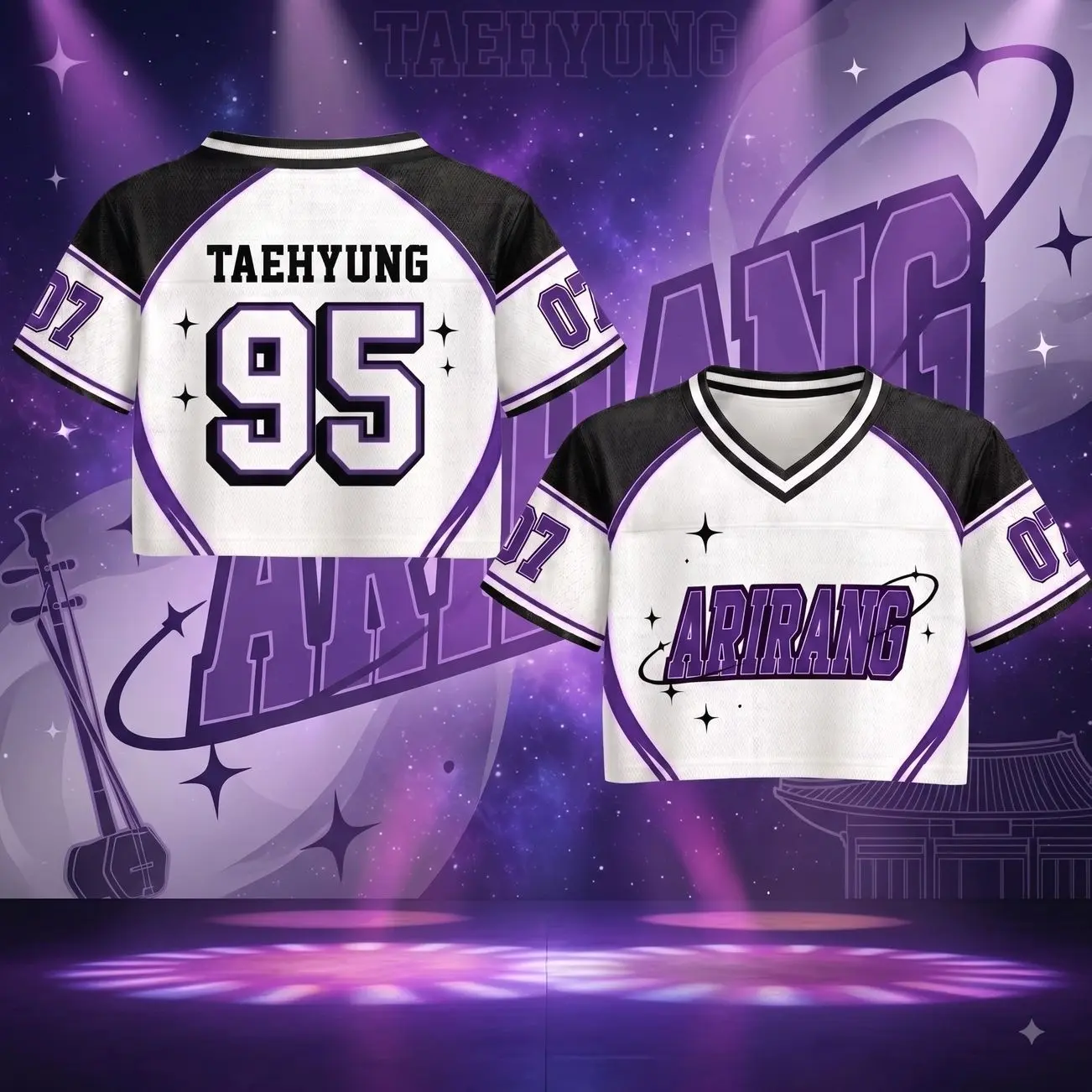 Arirang Concert Inspired Black Purple Mesh Football Crop Jersey V-Neck Graphic Top (Real Photos Included)