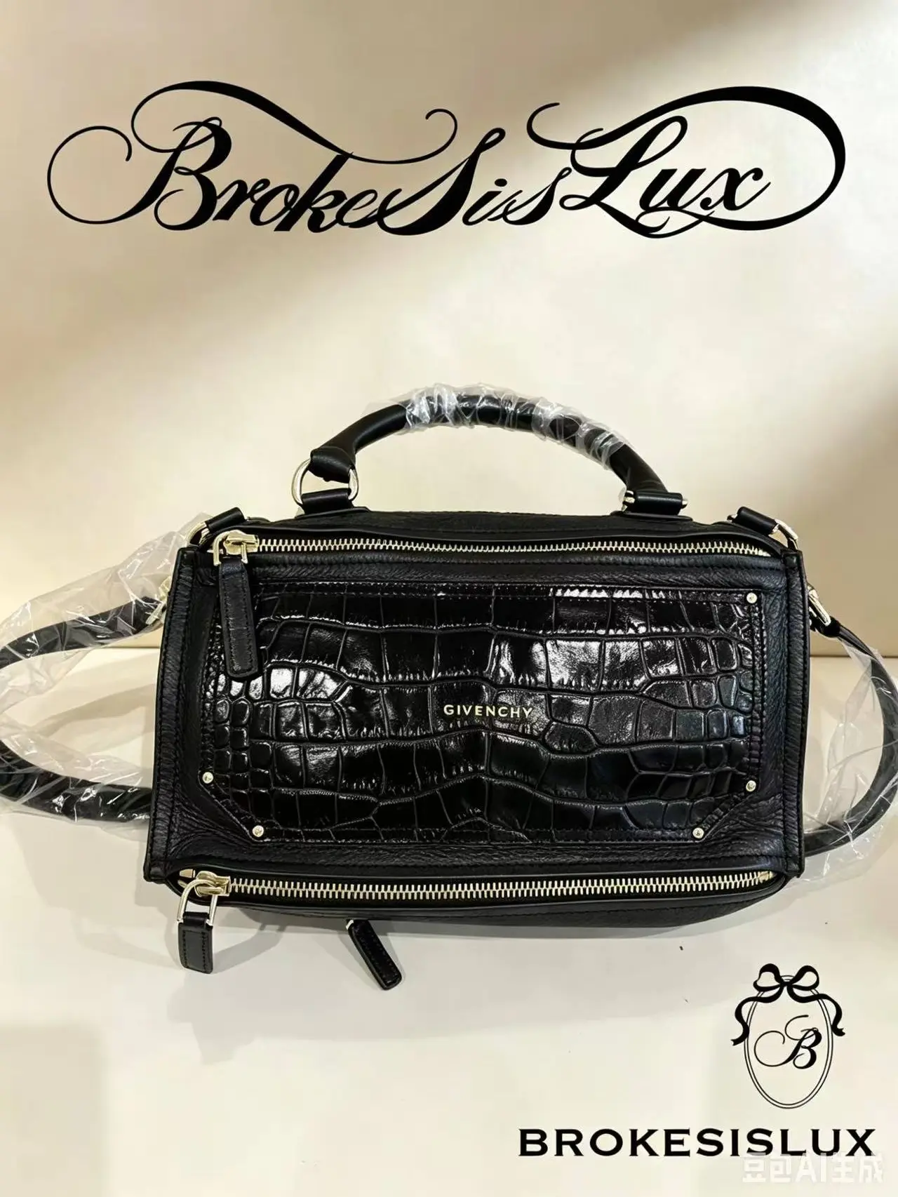 Pre-owned GIVENCHY Black Gloss Crocodile Embossed Leather Pandora Box Bag | Gold Double Zippers, Detachable Crossbody Strap