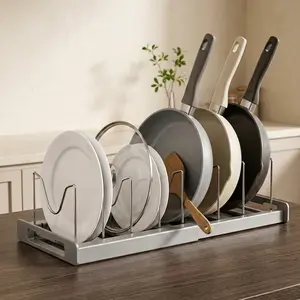 Metal Expandable Pot and Pan Organizer Rack with 7 Adjustable M-Shaped Stainless Steel Dividers, Pot Lid Holder & Storage Organization Solution for Frying Pans, Bakeware, Utensils (White/Grey) Mother's Day Gift