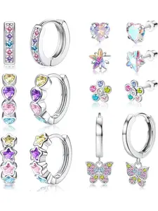7 Pairs Hypoallergenic Silver Huggie Hoop Earrings for Girls Women Small Surgical Steel Earrings Cute Heart Dangle Earrings Set Pink Colorful CZ Star Flower Screw Back Stud Earrings for Kids
