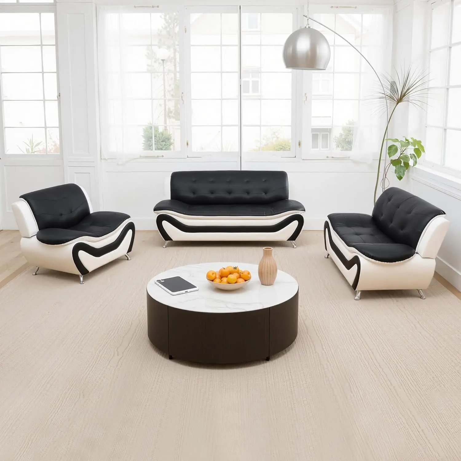 Leather Sofa Set for Living Room 3 Piece Modern Couch Set with 3-Seater Sofa Loveseat and Armchair Faux Leather Material White F4604-S for Stylish Living Spaces