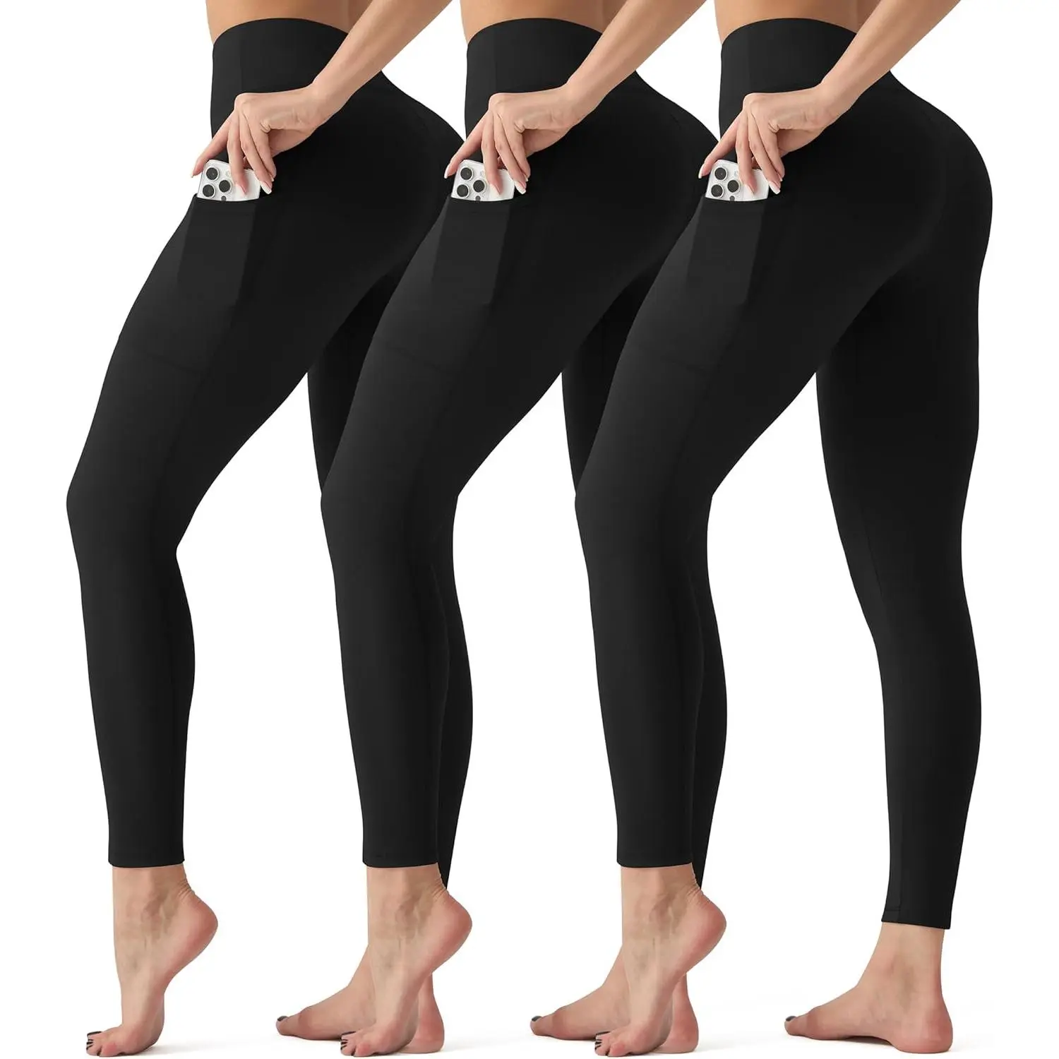 Women's 3-Pack French Terry High-Waisted Leggings - Female, Medium/Small, Plus Size, High-Capacity Pockets, Butt Lift, Tummy Control, Machine Washable for Workout Yoga