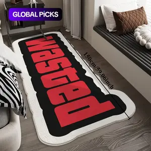 Velvet 1000g+10mm ins trend "WASTED" letter bedside strip carpet, Soft Area Rug, Home Decorative Rug, black and red contrast color bedroom decoration personalized carpet soft and comfortable living room corridor washable carpet non-slip