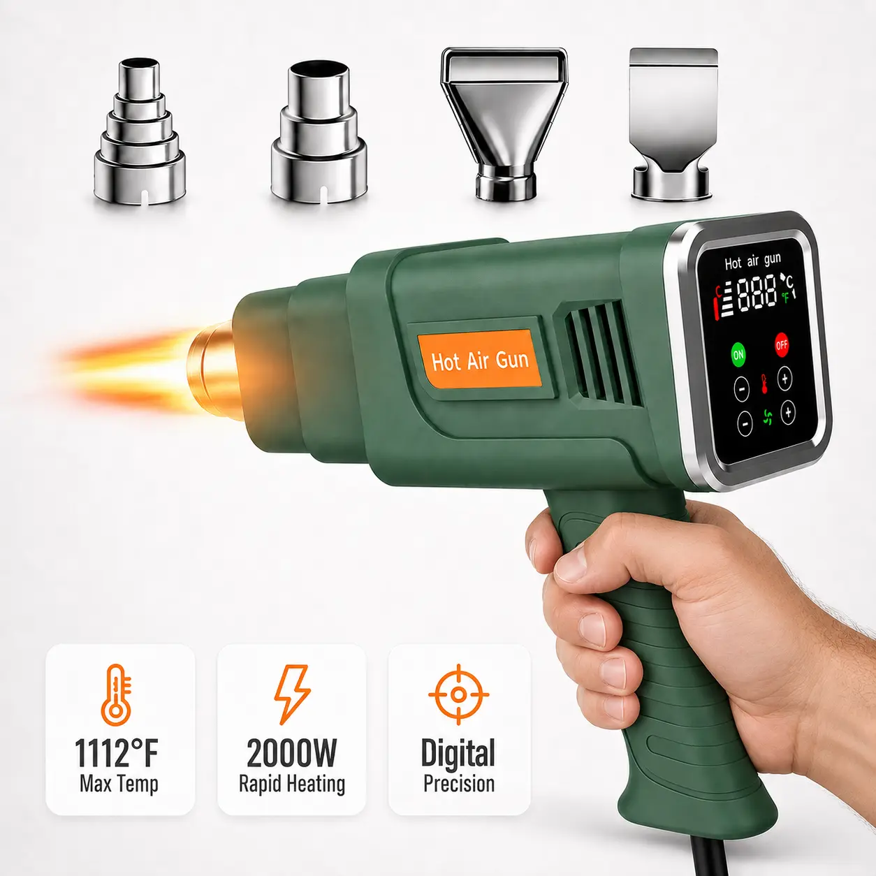 2000W Digital Heat Gun with Rear Display and 4 Nozzles, Dual Airflow Adjustable Temperature 140°F-1112°F Digital Temperature Control for Heat Shrink Tubing, Paint Removal, Vinyl Stickers Plastic Shaping DIY Projects