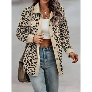 Women's Leopard Print Button Front Drop Shoulder Shirt Coat, Casual Long Sleeve Collared Pocket?Blouse?for Daily Wear, Ladies Clothes for All Seasons