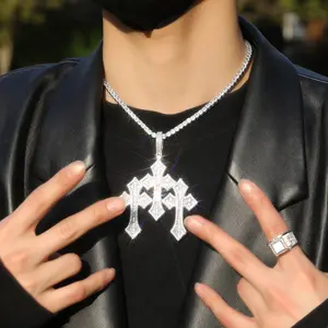 New Classic Retro Three Cross Necklace, Fashionable Zirconia Set Men's Necklace Hip Hop Jewelry