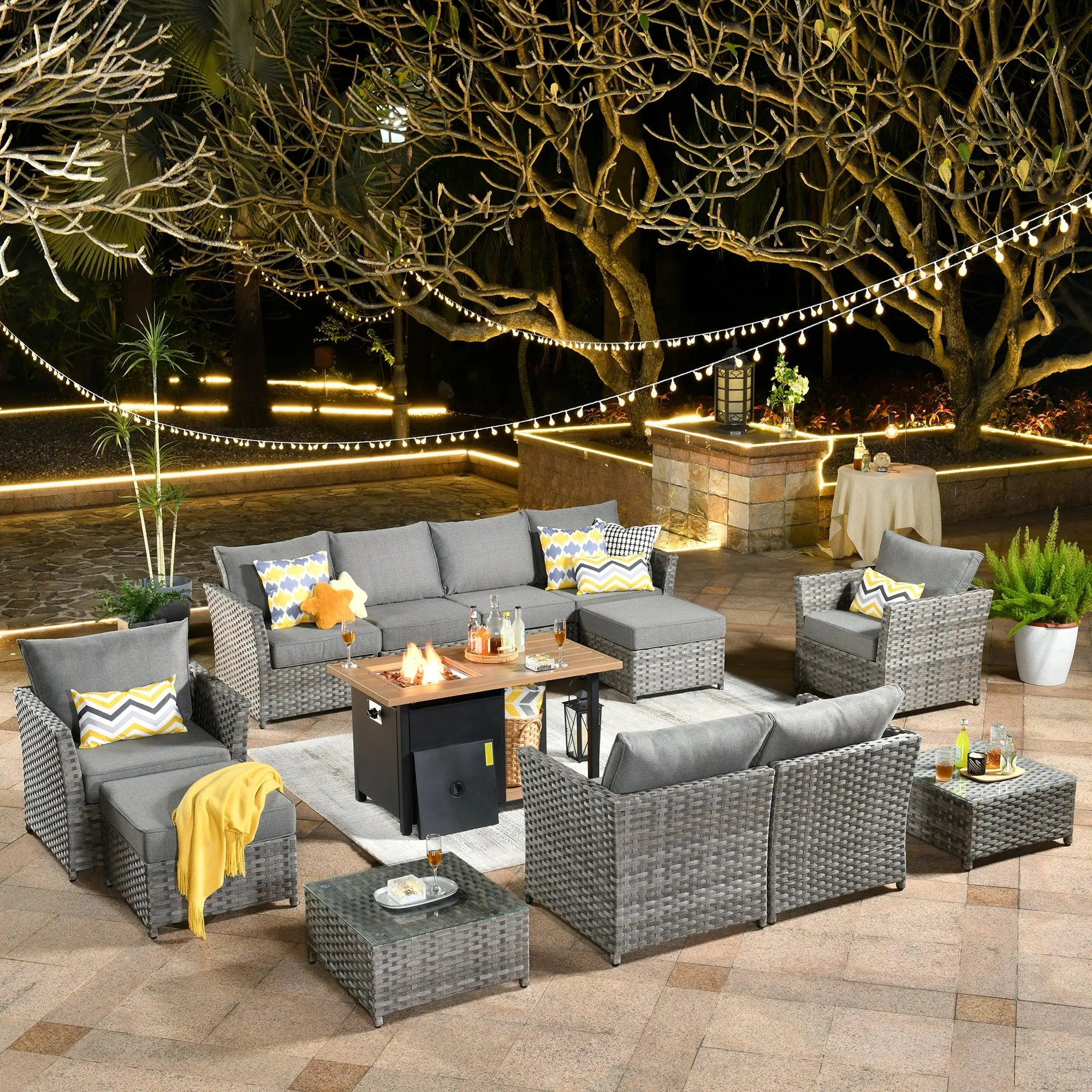 【Summerfinds】OVIOS BRS 13-Piece Outdoor Patio Furniture Set with 42" Fire Pit Table, All-Weather PE Wicker Sectional Sofa Set with Cushions for Backyard, Patio, Deck, Porch & Garden