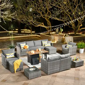【Summer Vibes】OVIOS BRS 13-Piece Outdoor Patio Furniture Set with 42" Fire Pit Table, All-Weather Wicker Sofa Set with Cushions, Partially Assembled for Backyard Patio Deck Garden Balcony Outdoor Seating Furniture