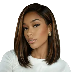 【Side Part】UNICE Black with Caramel Highlights Yaki Straight Bob Glueless 7x5 Closure Human Hair Wigs with Drawstring Natural Hairline No Slip Beginners Friendly