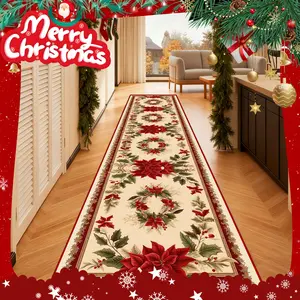 Gold Diamond Velvet Christmas Flower Rug, Elegant Poinsettia Indoor Hallway Carpet, Non-Fall Balcony Kitchen Mat, Hotel Corridor Long Rug, Floral Area Rug