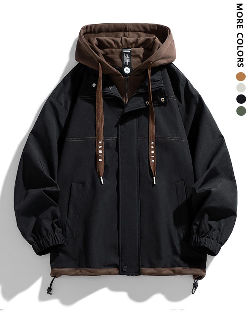 Men's multi-color spliced fake two-piece pocket long-sleeved lace-up hooded jacket, suitable for commuting, outdoor activities, and sports wear. It is a must-have thick jacket in autumn and winter.