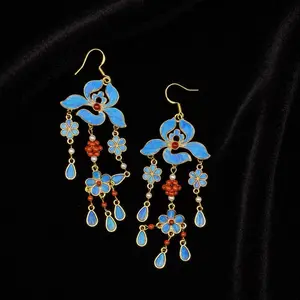 Orchid-Shaped Diancui Earrings with Cultured Pearl, Red Agate, and 925 Gold-Plated Silver Hooks