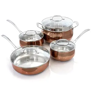 Oster Carabello 9-Piece Stainless Steel Cookware Combo Set - Cooking Pans Set, Copper-Look Accents, Heat-Resistant Handles, Fry-Ready Design, Glass Lids