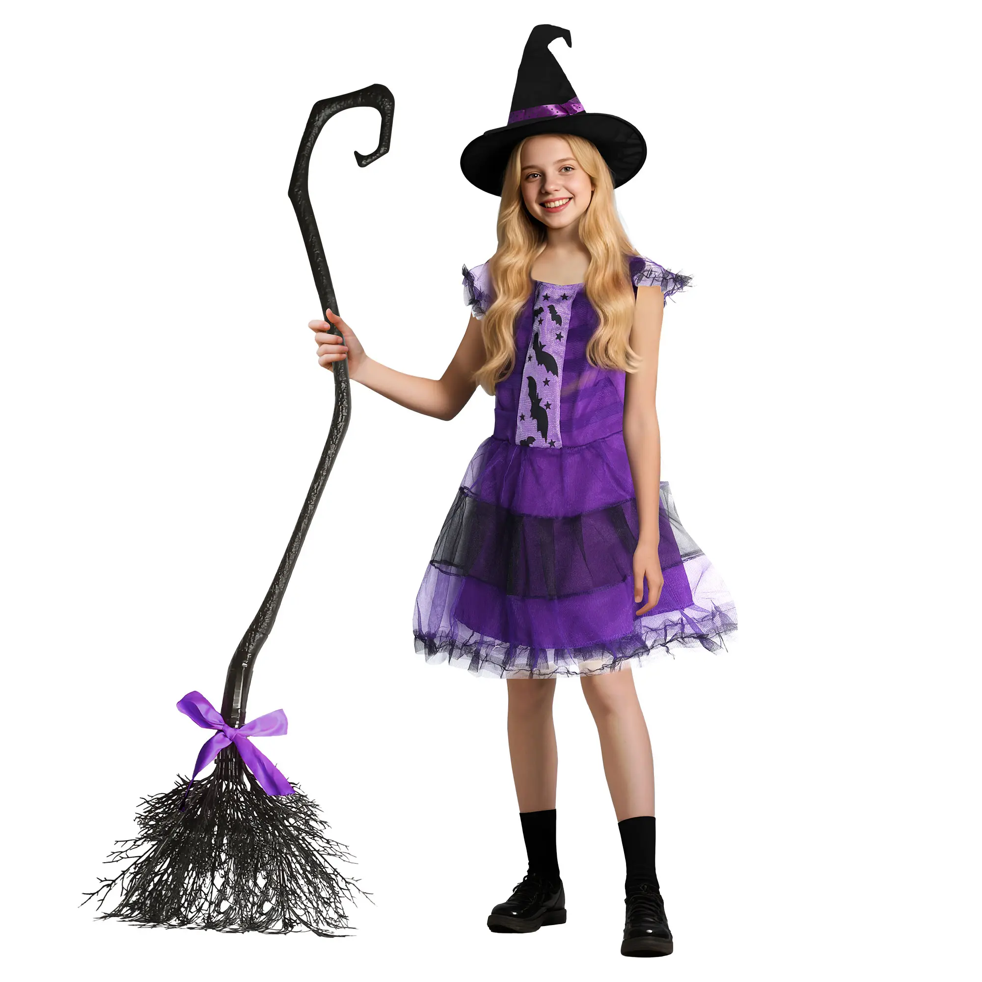 Girls' Halloween Costume Set (Ages 3-12) - Purple Witch Dress, Hat, Broom Costume Accessory - Perfect for Holiday Parties, Themed Events, Halloween Costume For Girls