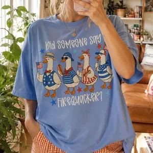 Comfort Colors Did Someone Say Firecracker Shirt, Patriotic Goose Graphic Tee for Women, Funny 4th of July T-Shirt, Cute American Flag Duck Shirt, Vintage Independence Day Oversized Tee, Retro USA Summer Outfit - DPCLICK