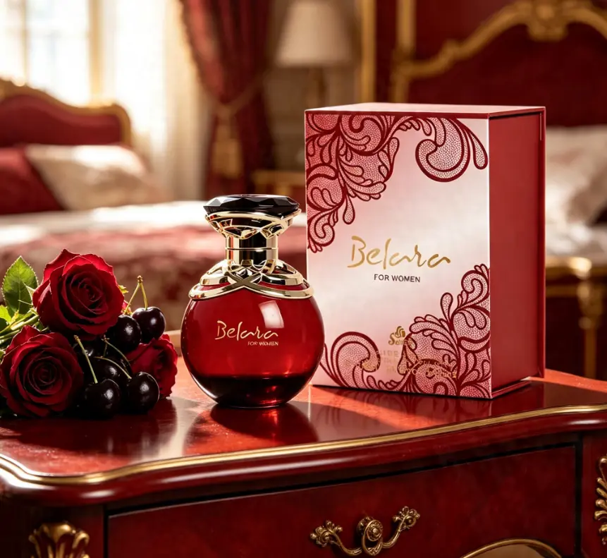 Premium Seductive Red Gourmand Floral Perfume Belara For Women EDP Silky Milk Vanilla Amber Fragrance, Elegant Pink White Lace Gold Print Gift Box Ideal Luxury Gift For Girlfriend Wife Mother Valentine’s Wedding Anniversary Birthday